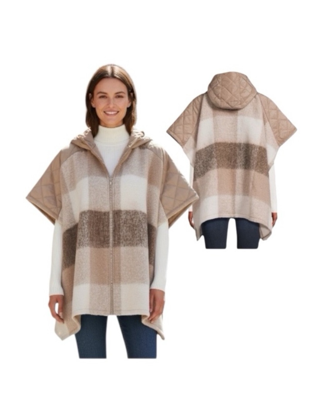 Time And Tru Stone Plaid Hooded Zipper Poncho Sweater - Picture 1 of 11